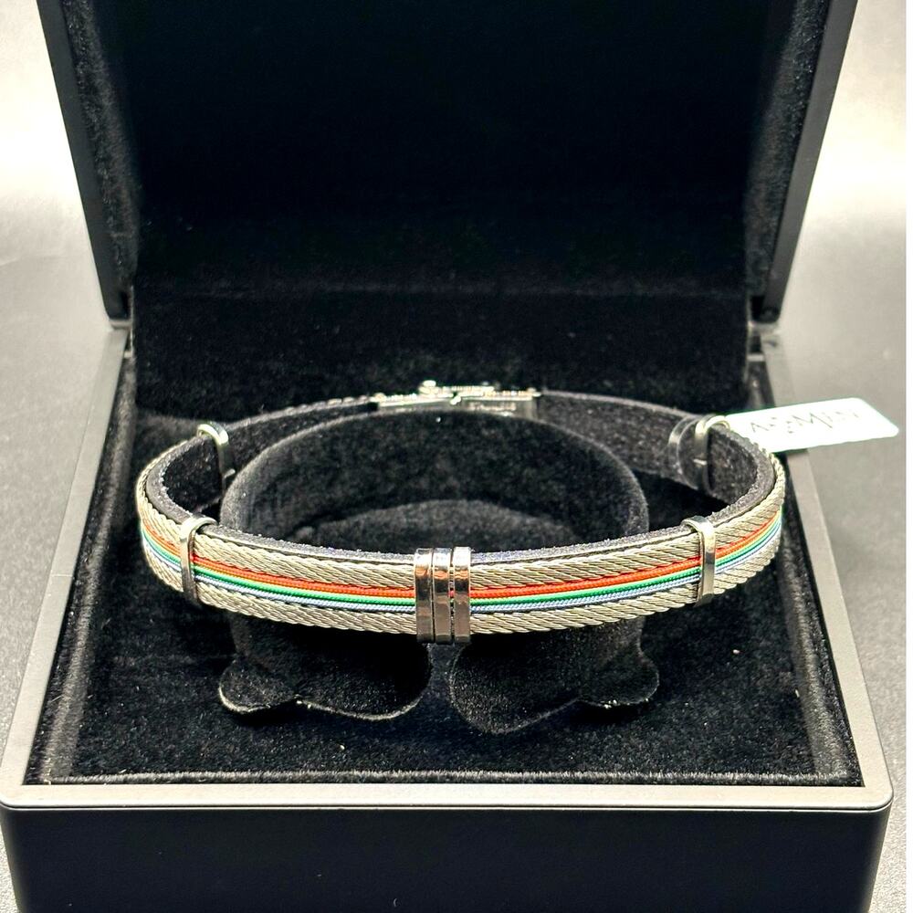 AMEN Italian Stainless Steel Cable Men's Bracelet Leather Red Green Blue NWT